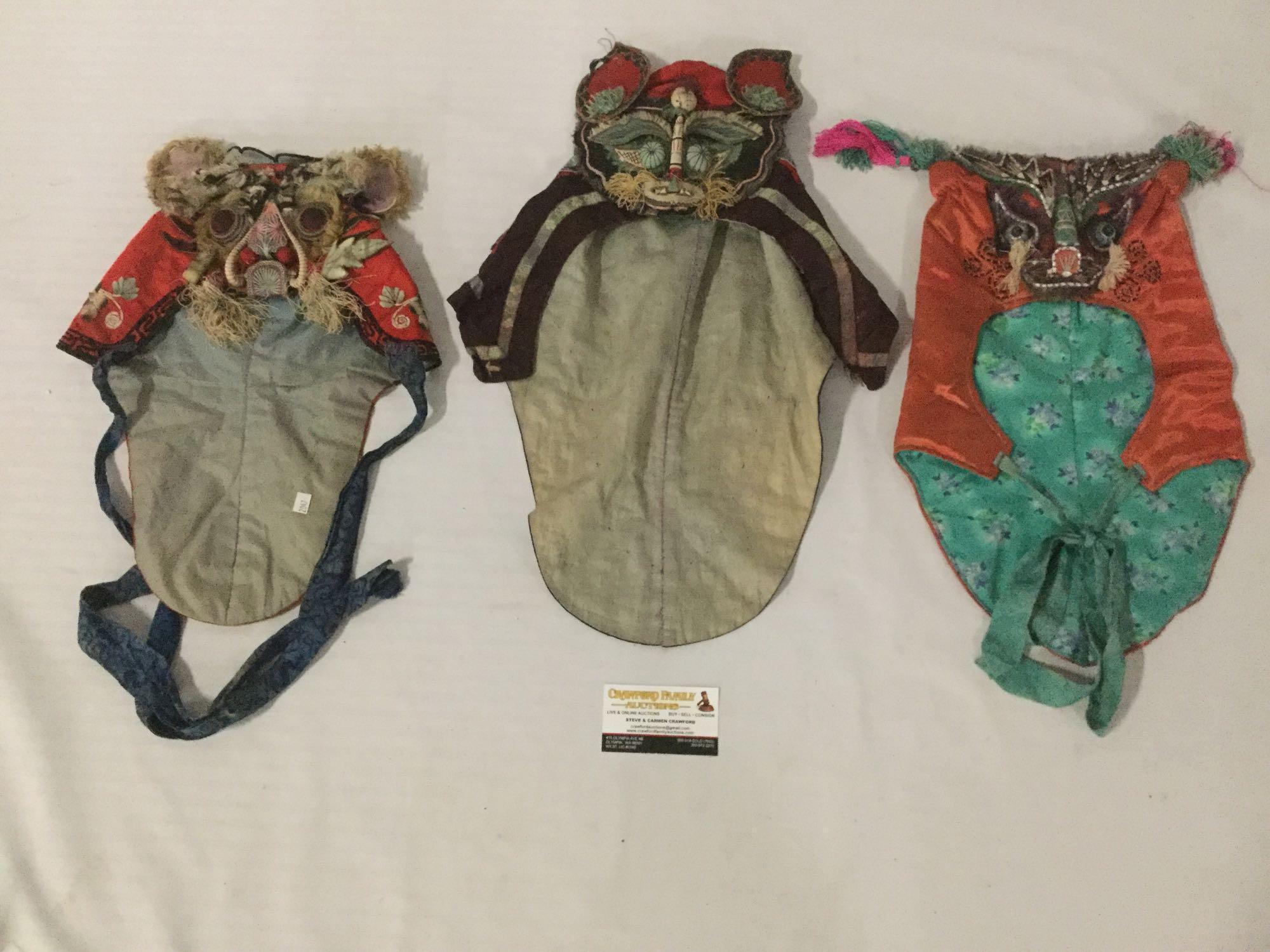 3 cloth cowls w/unique mask designs /handmade ethnic head wear/hats.