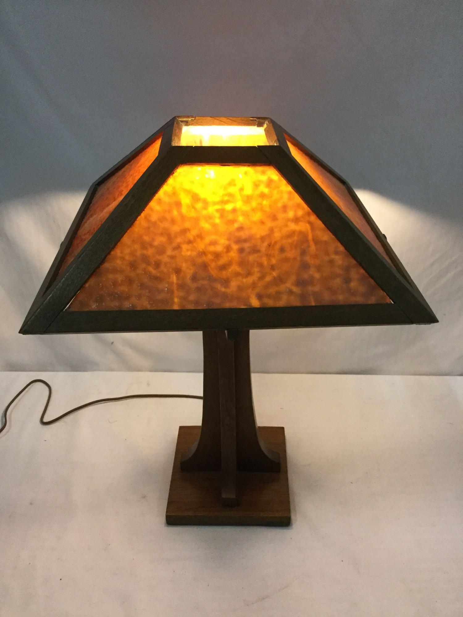 Vintage mission style lamp w/ stained glass panels. 1 panel has small chip. Tested and working