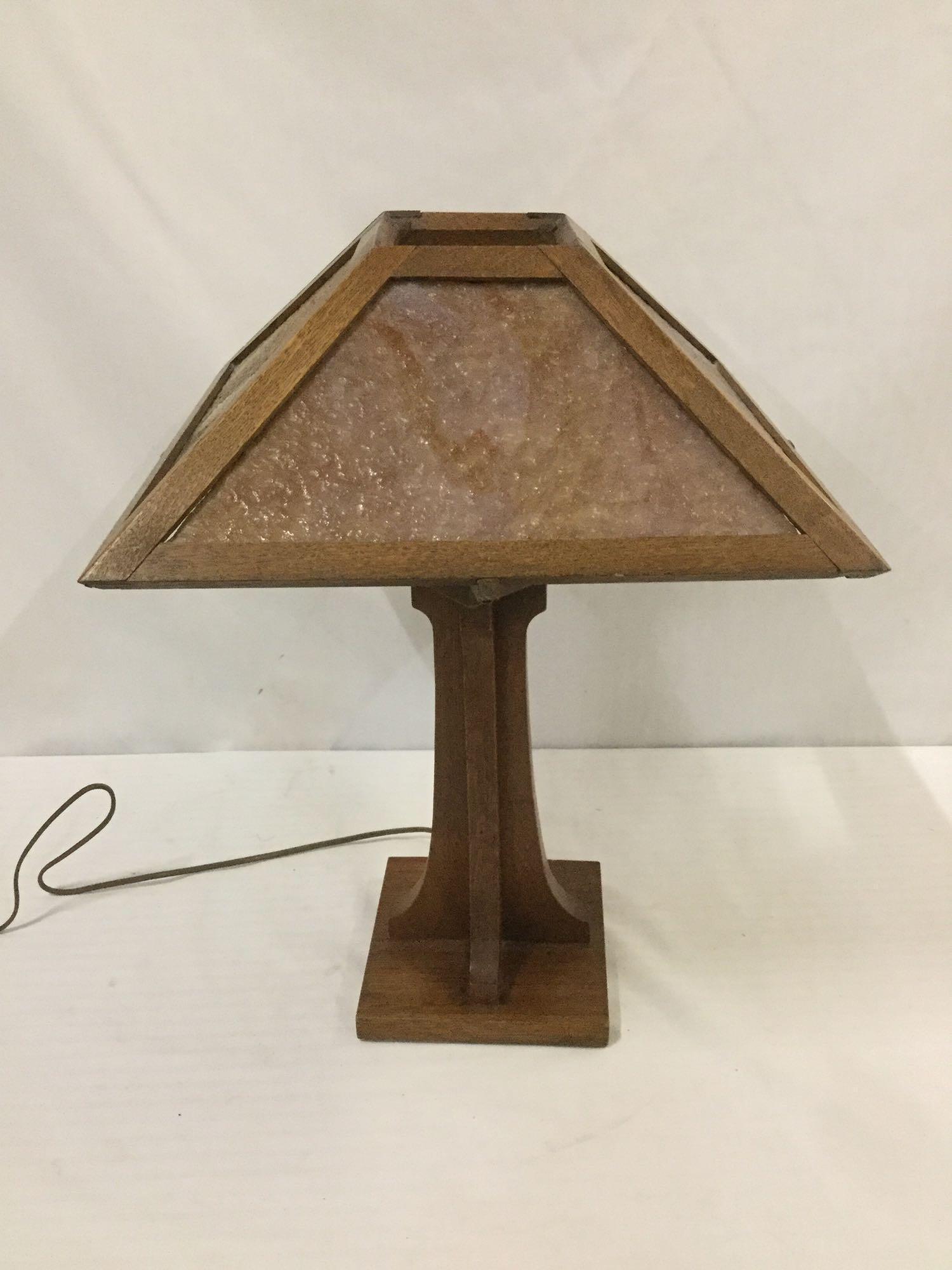 Vintage mission style lamp w/ stained glass panels. 1 panel has small chip. Tested and working
