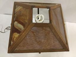 Vintage mission style lamp w/ stained glass panels. 1 panel has small chip. Tested and working