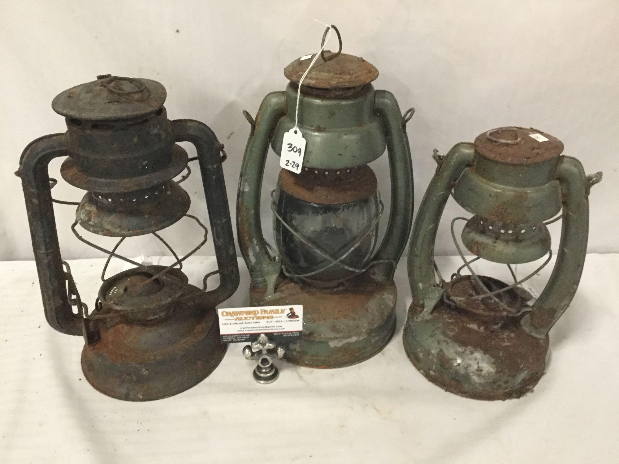 Lot of 3: 2 vintage Embury gasoline lanterns & Dietz D-Lite 22 lantern. Two have no glass.