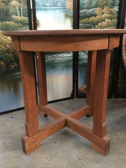 Vintage wood round table w/ vinyl top, approx 30x30 inches.