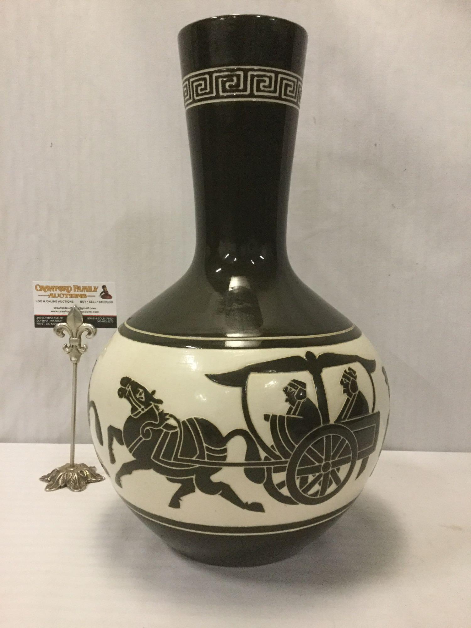 Mid-Century vintage Taiwanese black & white ceramic vase w/relief rider designs approx. 18x12x12 in.