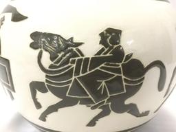 Mid-Century vintage Taiwanese black & white ceramic vase w/relief rider designs approx. 18x12x12 in.