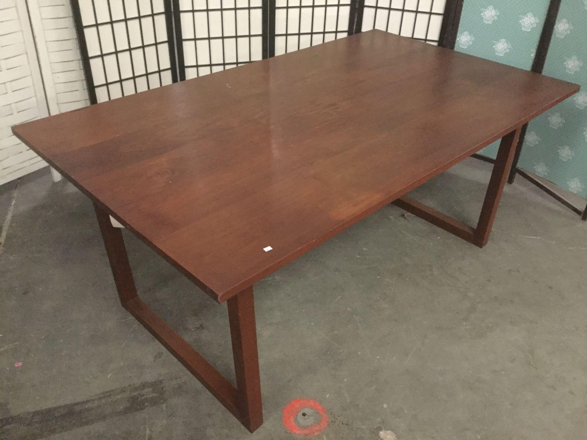 Modern style wood dining table w/ signs of wear & repair, see pics, approx. 64.5x37x28.5 inches.