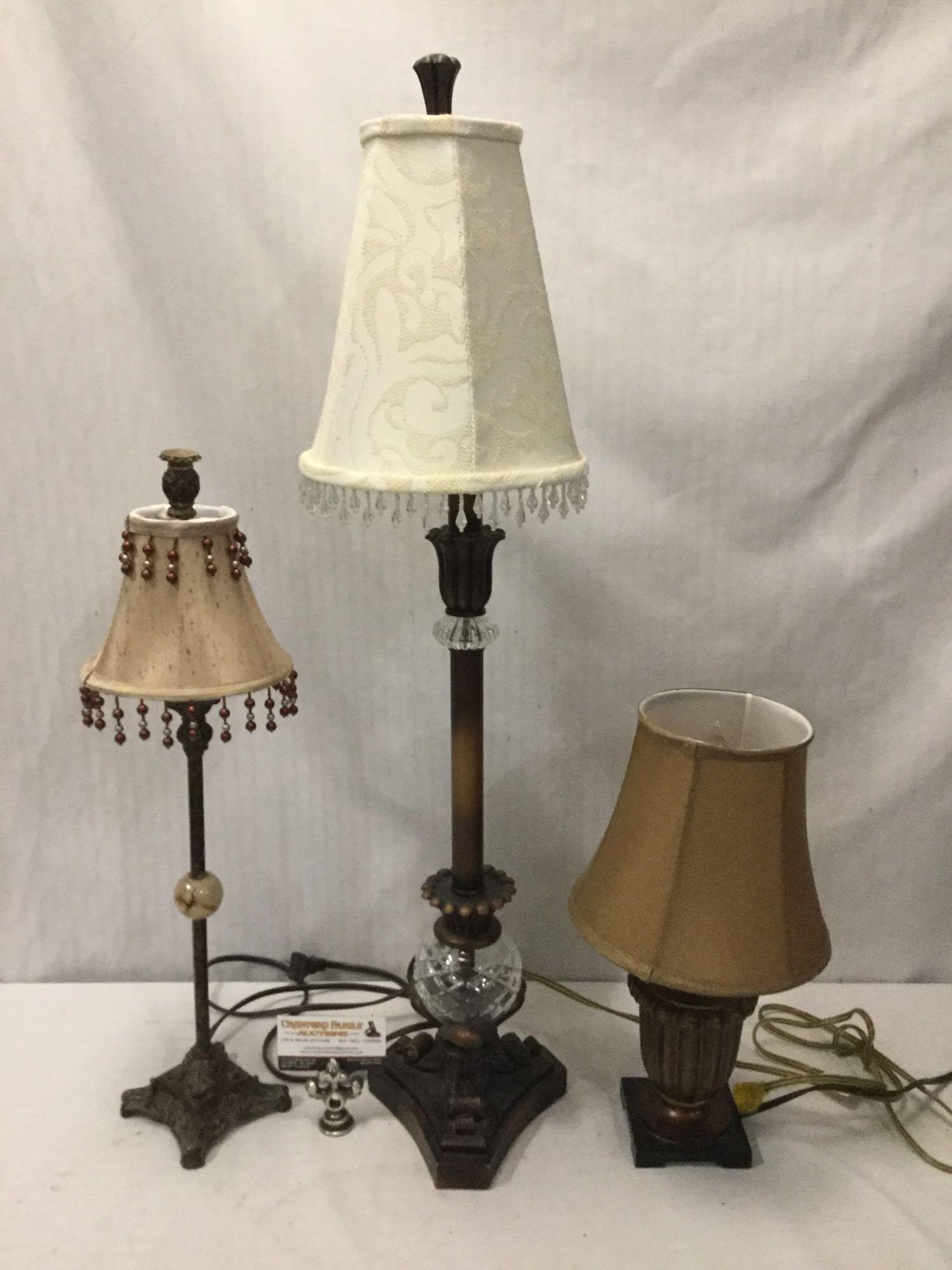 Collection of 3 table lamps, metal, glass and more. All tested and working. Largest approx 33x8x8 in