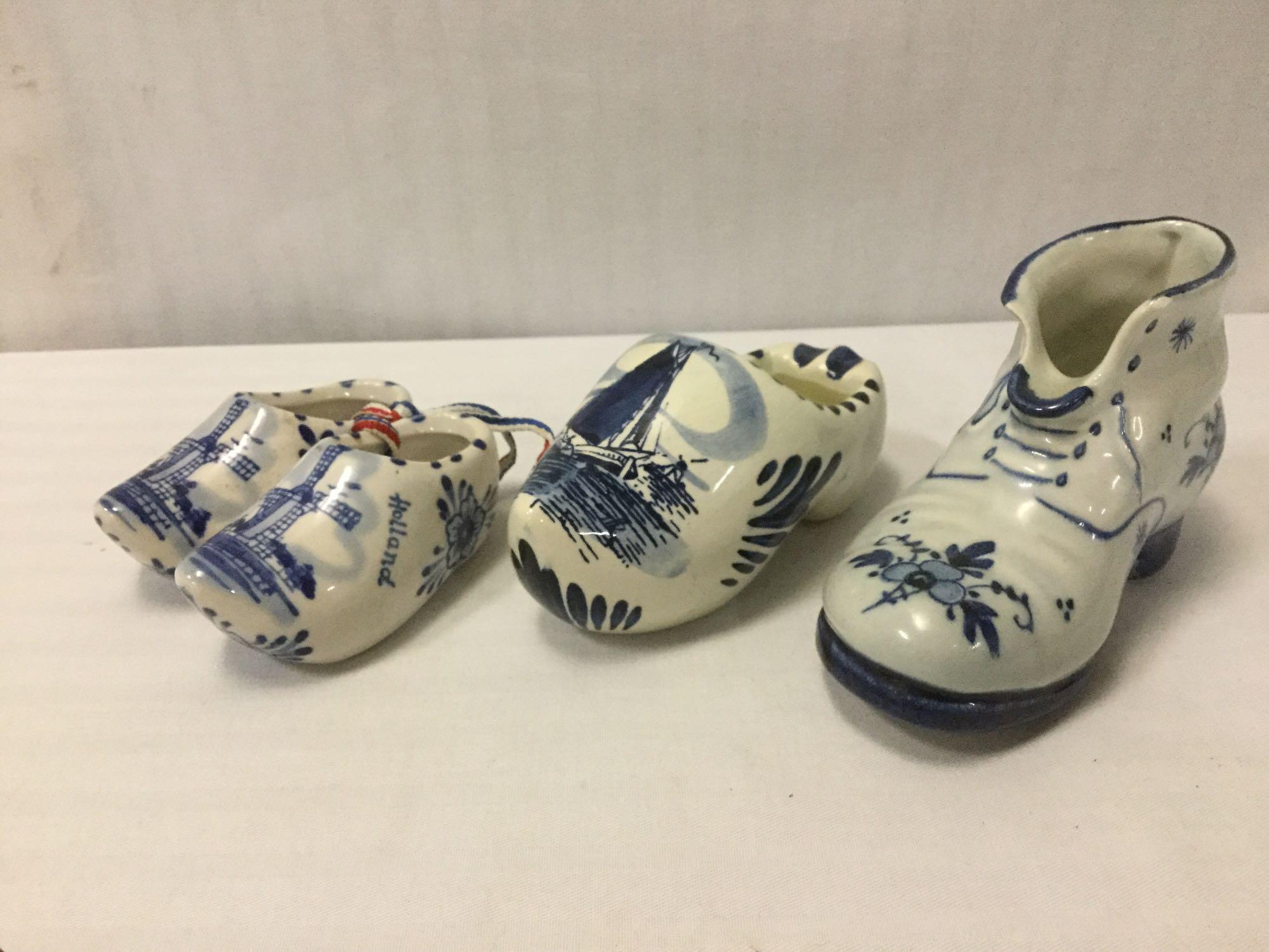 35 vintage hand-painted Dutch Delft Blue China clogs & 1 boot, many are matching pairs.