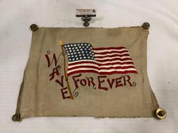 Original vintage embroidered art of flag Wave Forever, signed by artist. Approx 21x16 inches.