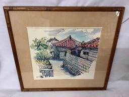 Framed watercolor painting signed by artist Akira, approx 16 x 15 inches