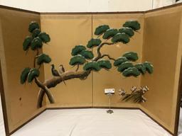 Vintage Asian hand painted 4-panel divider w/ bird design, shows wear/tear, approx 37x74 inches