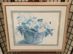 Impressionist blue tone watercolor floral print by Dayna(?) D. 81' in professional frame