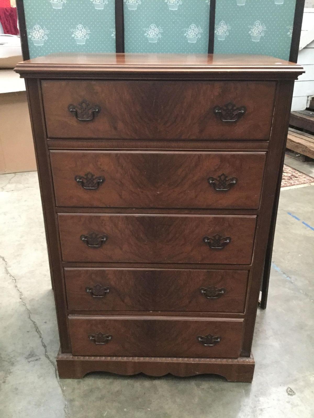 Vintage 5 drawer tall boy dresser with gorgeous burled veneer