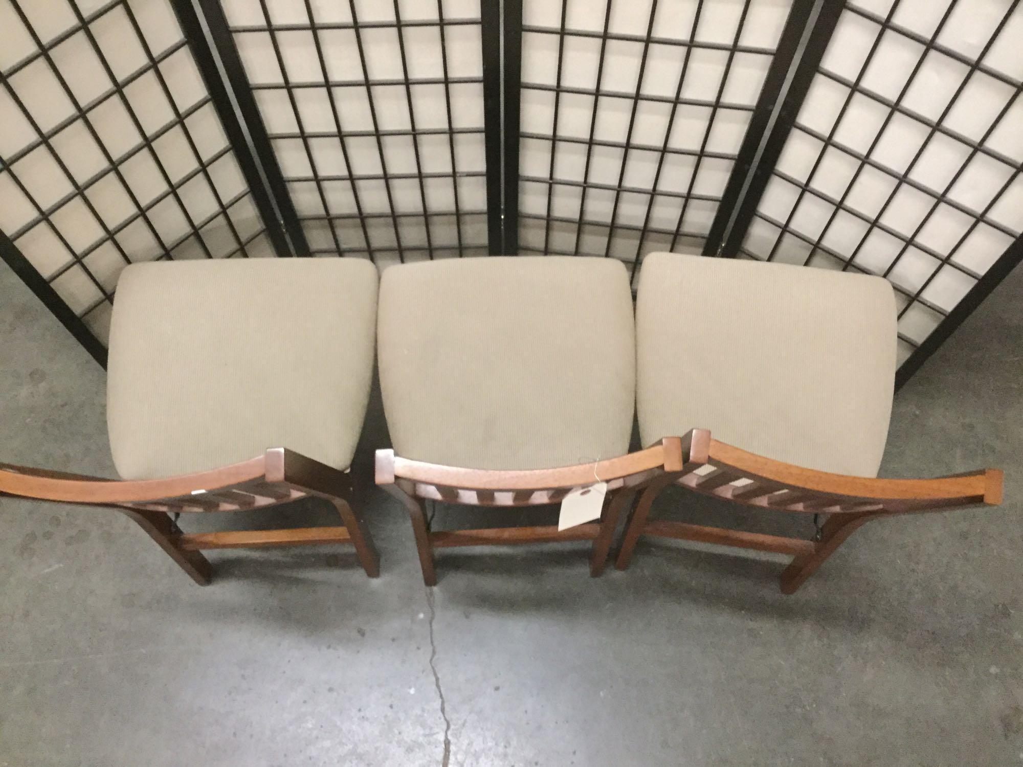 3 STAKMORE wooden folding chairs w/ beige upholstery