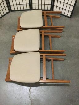 3 STAKMORE wooden folding chairs w/ beige upholstery