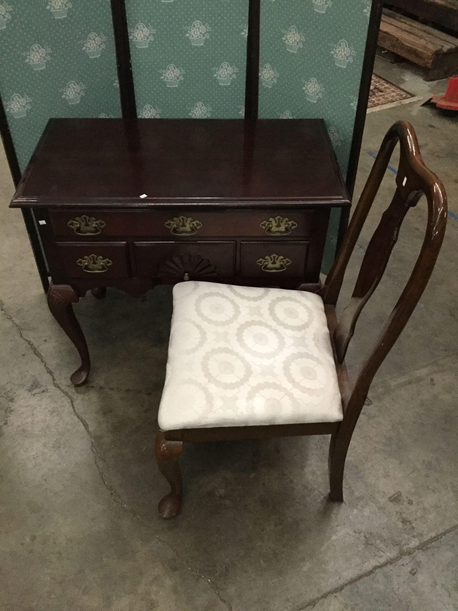 Vintage Mahogany hall dresser or entryway desk with chair - clamshell design and brass pulls