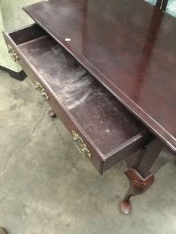 Vintage Mahogany hall dresser or entryway desk with chair - clamshell design and brass pulls