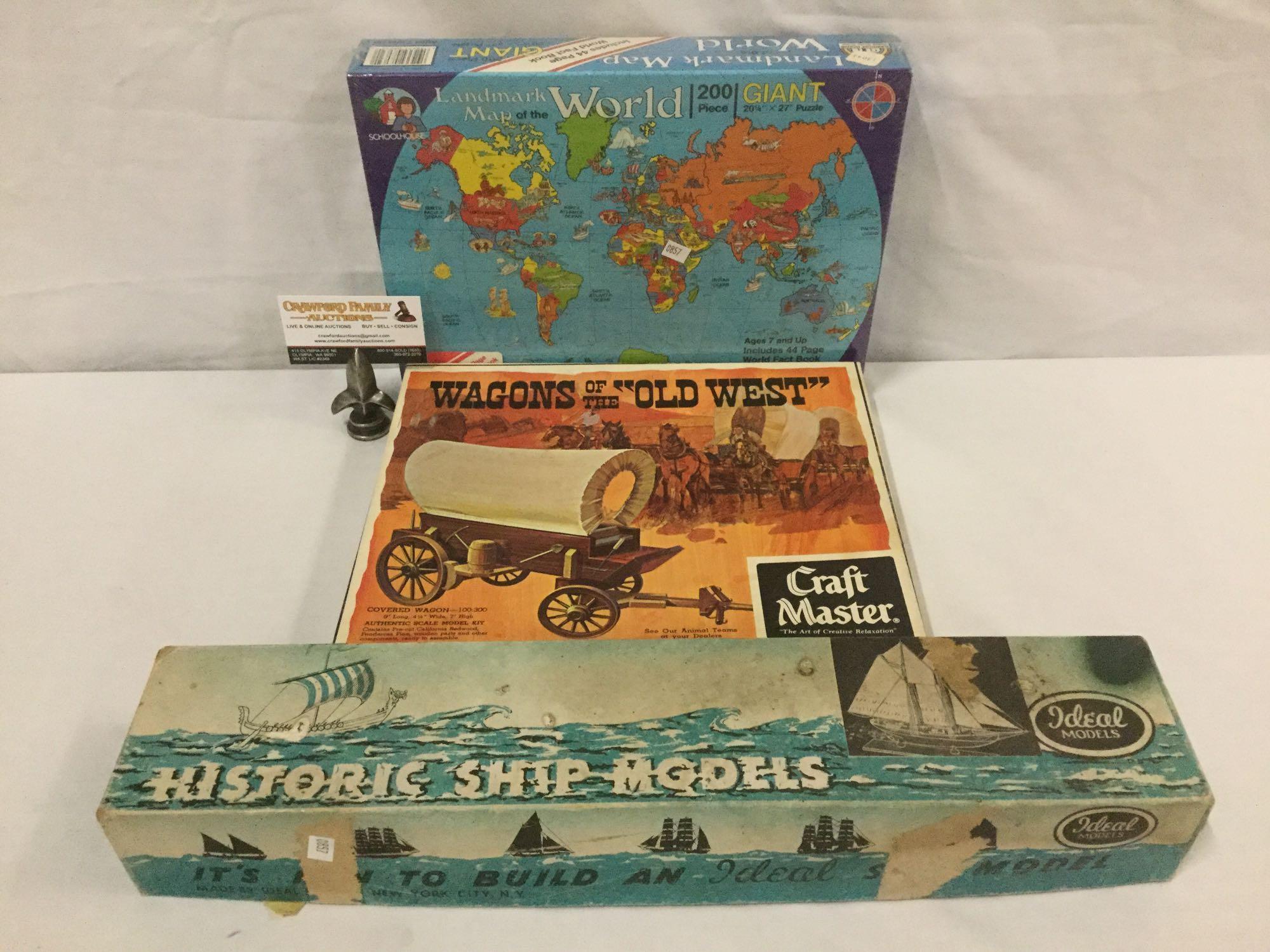Vintage Craft Master - Wagons of the Old West wooden model kit, plus model kit & map puzzle.