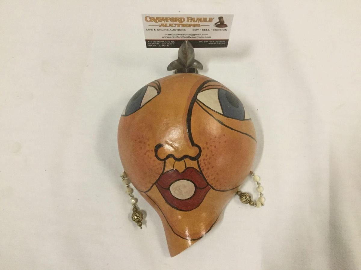 Wall hanging painted woman?s face on gourd folk art piece