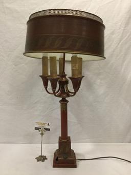 Modern metal art deco style metal table lamp with ornate shade and candelabra design, sold as is