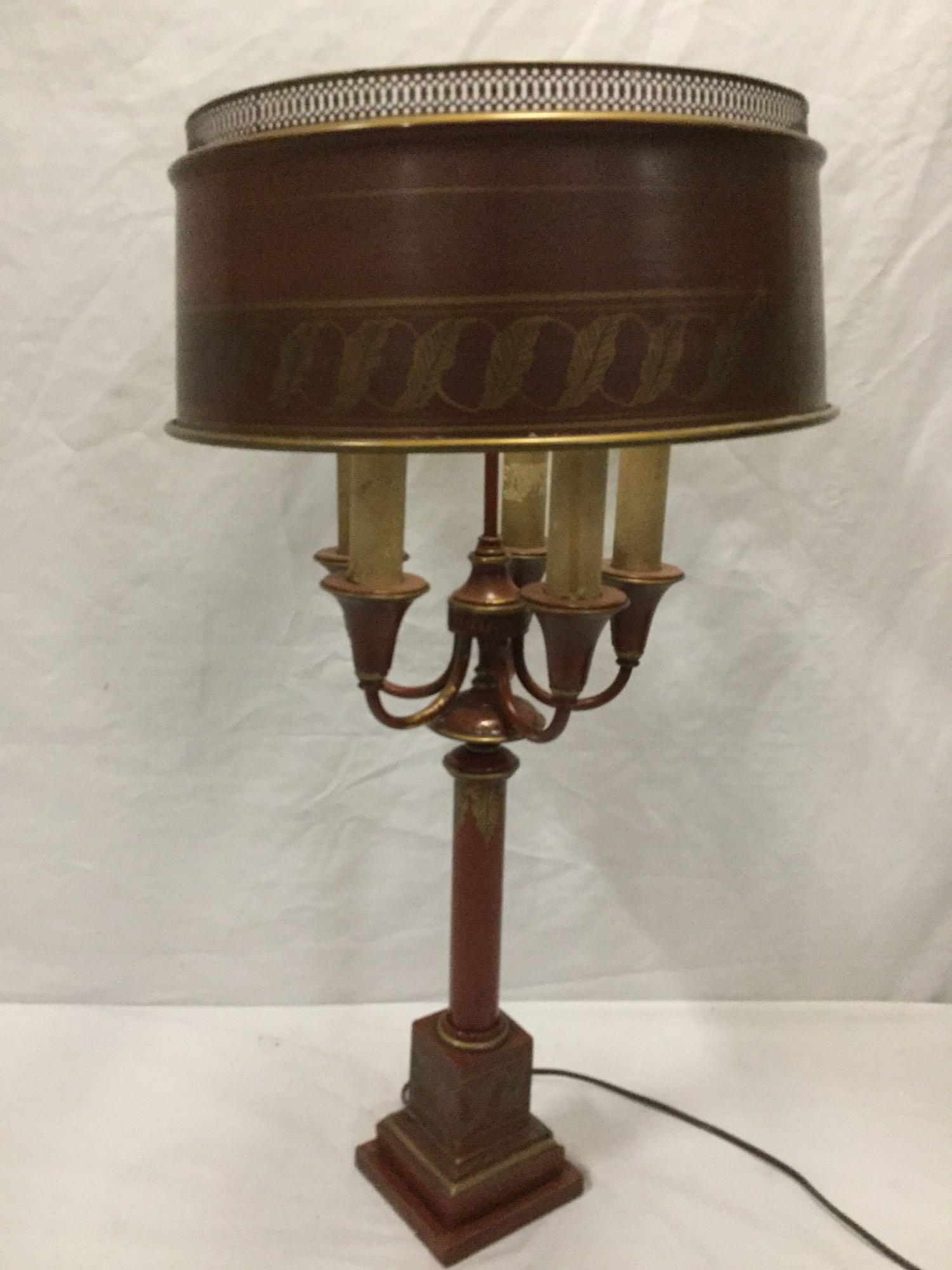 Modern metal art deco style metal table lamp with ornate shade and candelabra design, sold as is