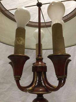 Modern metal art deco style metal table lamp with ornate shade and candelabra design, sold as is