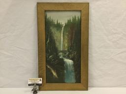 Antique hand painted oil on board in rustic frame depicting PNW waterfall/bridge scene - unsigned