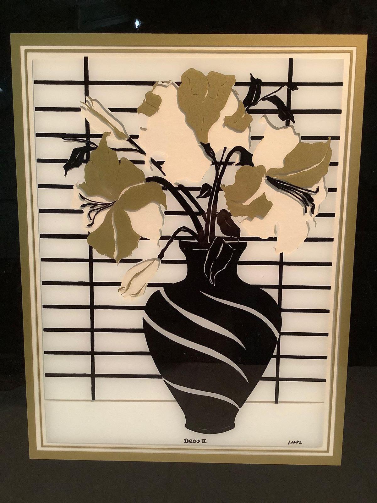 Framed reverse glass painting of flower vase, Deco II by Lantz