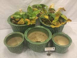 Set of 5 matching green glazed floral design ceramic planters
