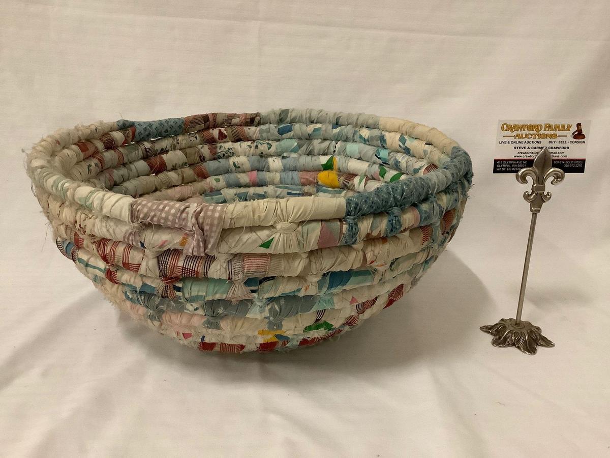Woven quilt wrapped basket / bowl, approx 16x7 inches