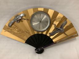 Vintage Suehiro TOYO mantle clock w/ gold tone & crane design, works!