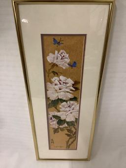 Framed original Asian floral and butterfly artwork signed by artist Lucy Wang