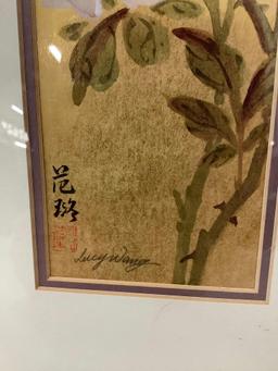 Framed original Asian floral and butterfly artwork signed by artist Lucy Wang