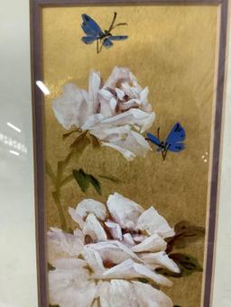 Framed original Asian floral and butterfly artwork signed by artist Lucy Wang