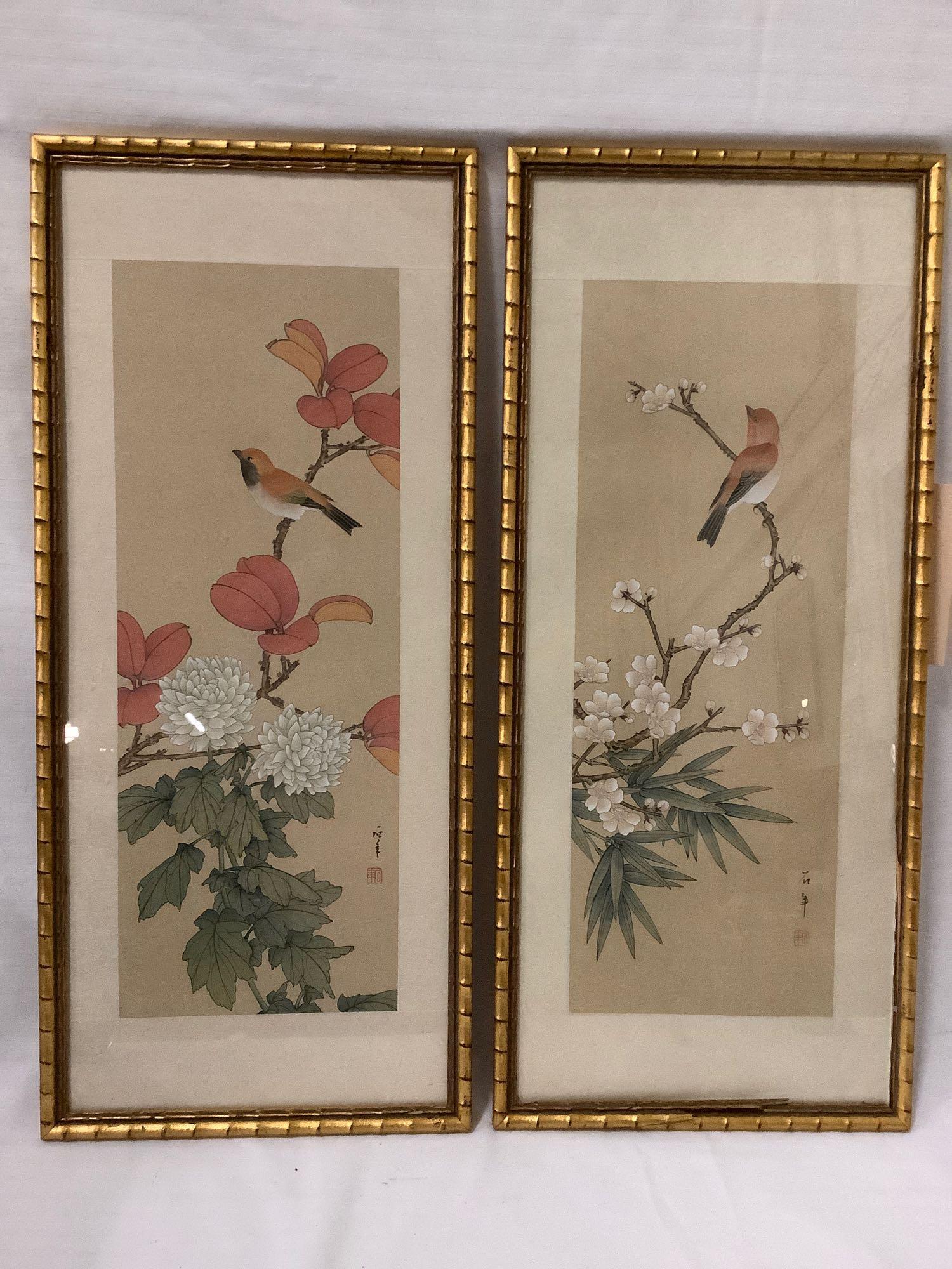 Pair of framed Asian bird artworks, signed by artist, see pics