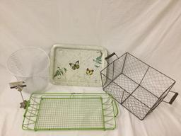 4 pc. lot of metal wire home decor with vintage butterfly folding TV tray,