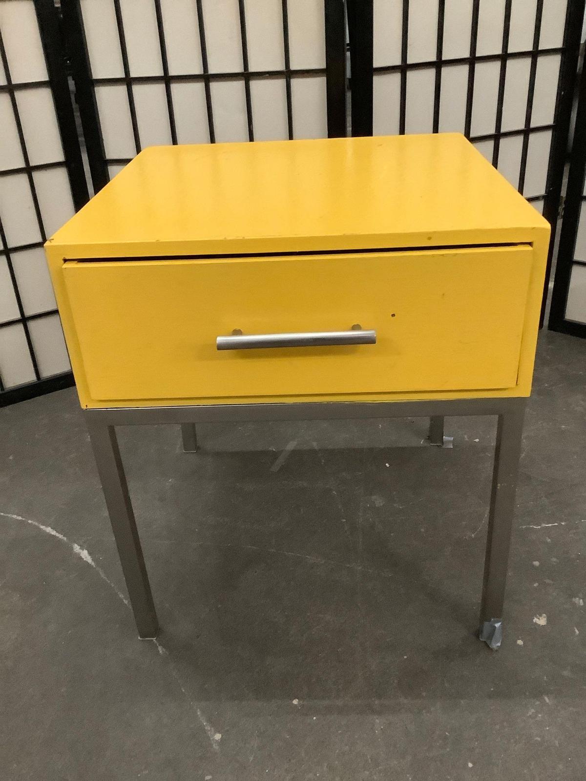 Steel leg wooden end table w/ one drawer, painted yellow