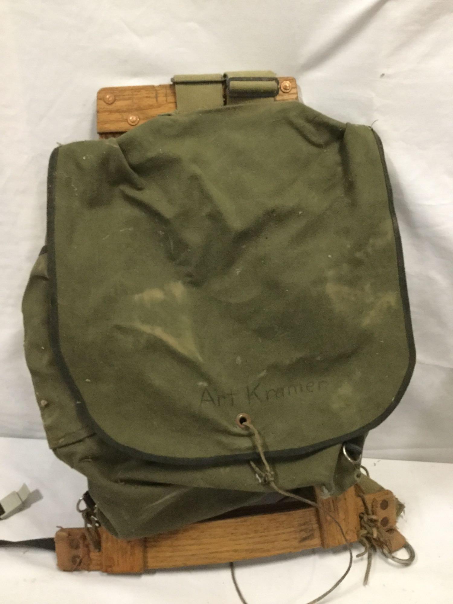 Collection of vintage camping gear incl. REI hip bag, framed backpack and more