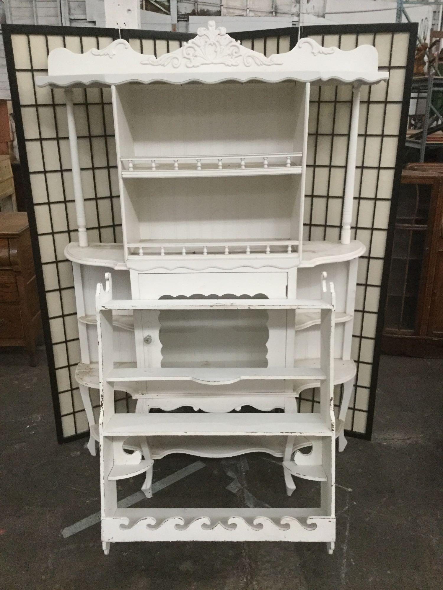 2 pc. lot vintage white washed Victorian sideboard / display curio w/ hanging display shelf, as is