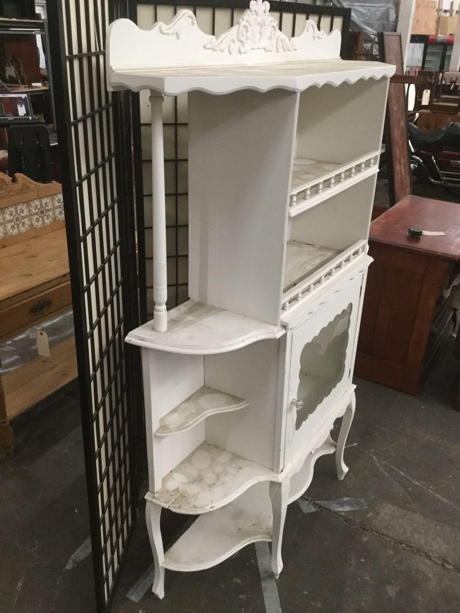 2 pc. lot vintage white washed Victorian sideboard / display curio w/ hanging display shelf, as is