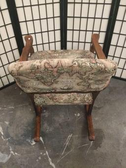 Wood carved rocking chair w/ geographical map design upholstered seat & back