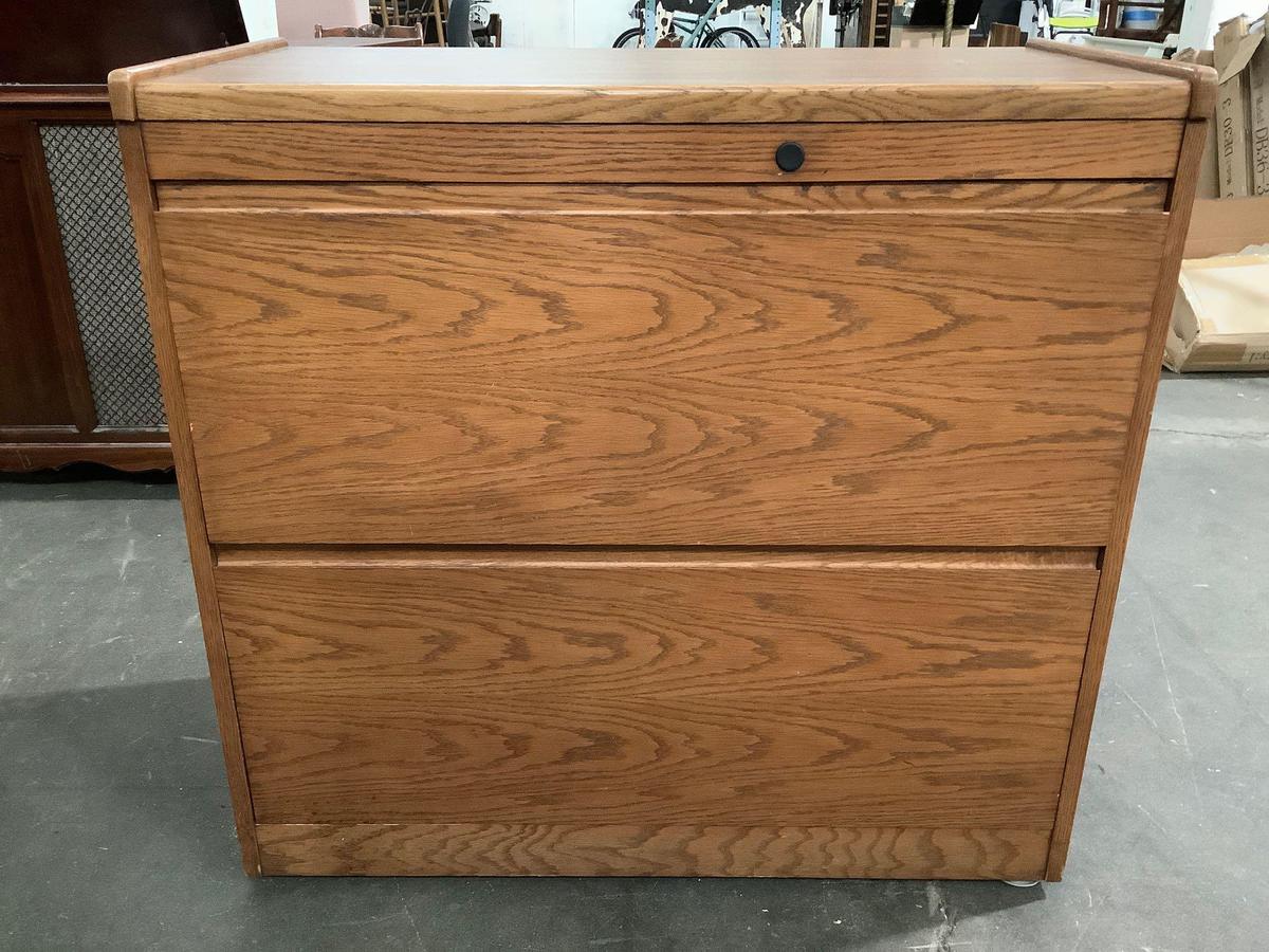 Modern wood 2-drawer file cabinet, approximately 38 x 20 x 36 inches