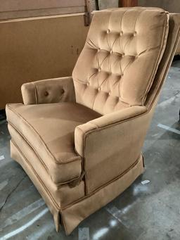 Vintage brown upholstered swivel rocking chair, approximately 35 x 28 x 29 inches