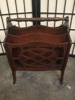 Vintage wood carved media rack with detailed wood cut design