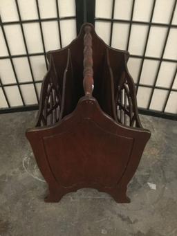 Vintage wood carved media rack with detailed wood cut design