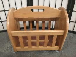 Vintage wood media / magazine rack, approximately 12 x 16 x 14 inches