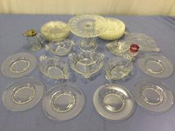 Lot of vintage crystal / etched glass home decor incl.; cake stand, serving dishes, plates