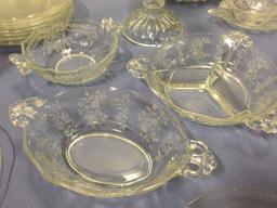 Lot of vintage crystal / etched glass home decor incl.; cake stand, serving dishes, plates