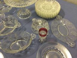Lot of vintage crystal / etched glass home decor incl.; cake stand, serving dishes, plates