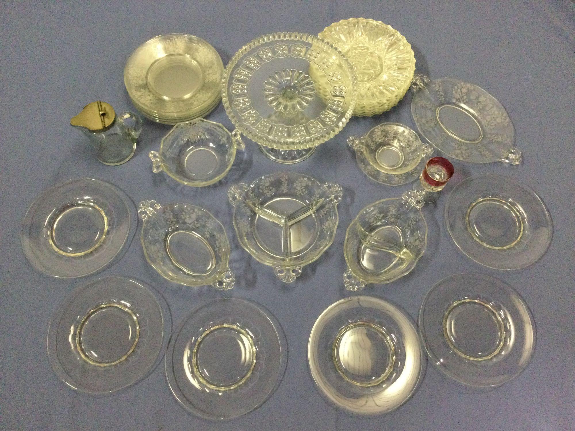 Lot of vintage crystal / etched glass home decor incl.; cake stand, serving dishes, plates