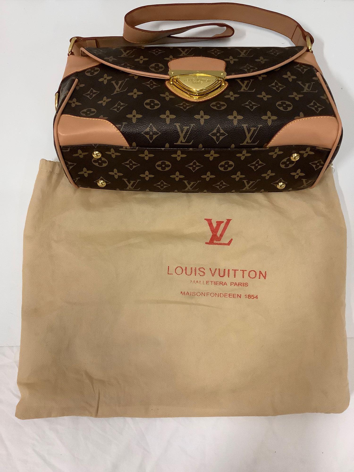 Louis Vuitton style reproduction handbag w/ cover, made in France, approx. 13 x 7 x 5 inches.